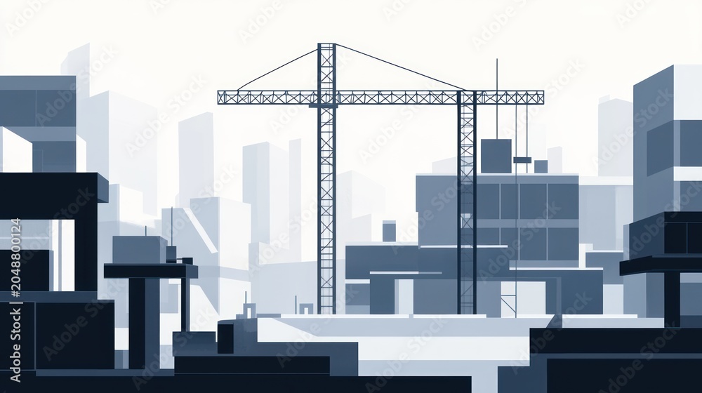 Obraz premium Geometric city skyline with construction crane silhouetted against light blue sky