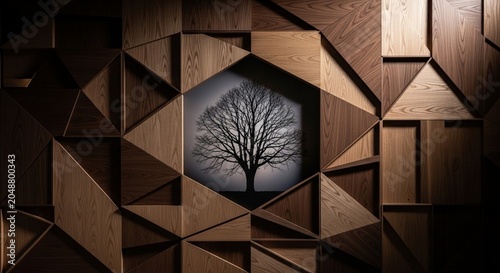Minimalist tree silhouette framed by geometric wooden panels in moody dark interior