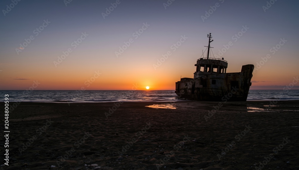 Obraz premium Warm sunset illuminating a shipwreck on a quiet oceanfront