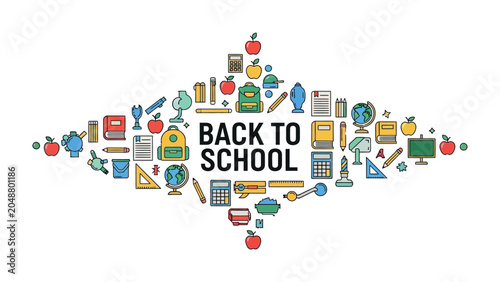 Obraz na plátně Back to School Collage: A vibrant starburst composition featuring various school supplies and icons, announcing the start of a new academic year with bold typography