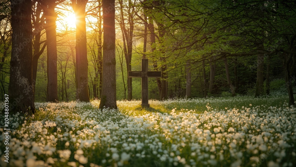 Obraz premium White spring petals illuminated by warm sunset near a cross in tranquil forest