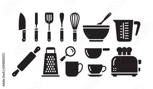 Foto Kitchen utensils set with cooking tools including knife spatula whisk and baking supplies