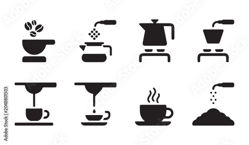 Foto Coffee making icons set representing different steps in brewing and serving hot beverages process