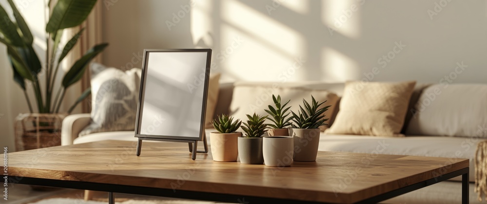 Obraz premium Modern interior accent with standing photo frame and grouped small potted plants