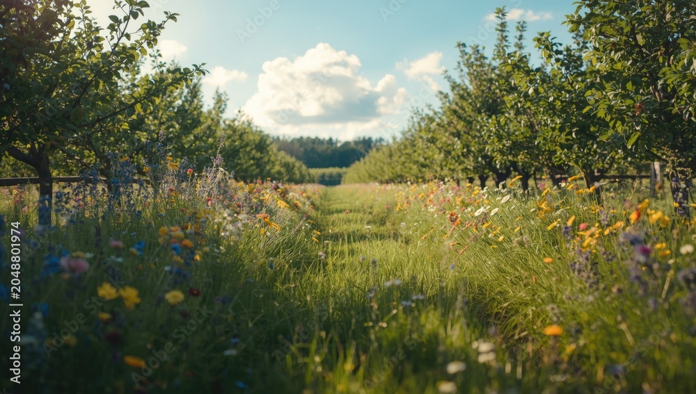 Obraz premium Summer orchard alive with colorful wildflowers radiating peaceful natural beauty
