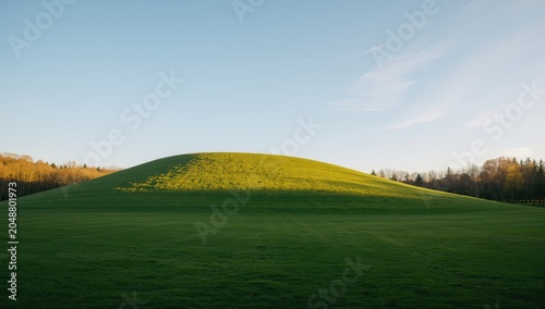 Spacious park featuring a green hill bathed in warm sunlight and empty copy space