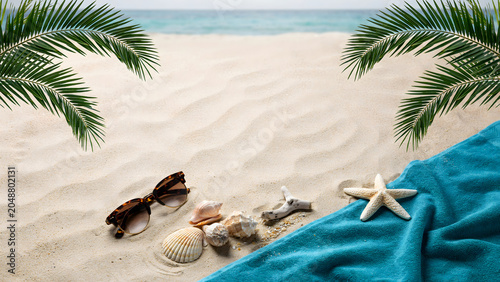 Minimal Summer Vacation Concept – Beach Accessories on Sand with Large Copy Space