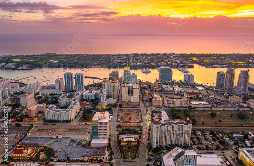Downtown West Palm Beach Sunrise Skyline Aerial View Over the Intracoastal Waterway