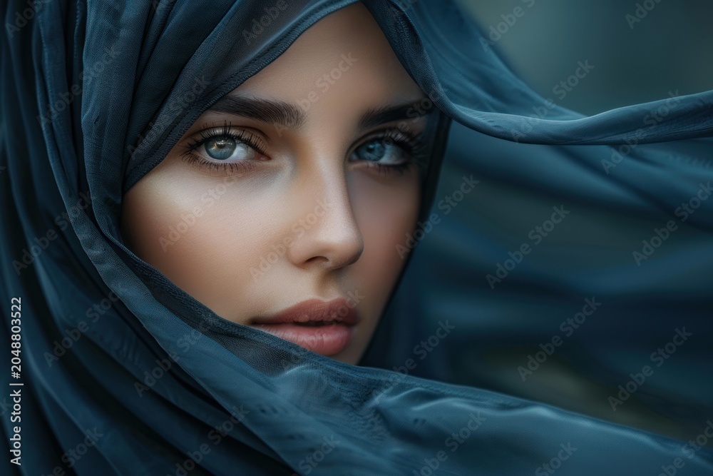 Naklejka premium Portrait of a beautiful middle eastern woman with striking blue eyes, wearing a teal veil that adds an element of mystery and elegance
