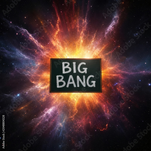 big bang chalk text on blackboard with cosmic explosion dramatic space background supernova burst golden light universe creation powerful energy science concept art photography high resolution wall ar
