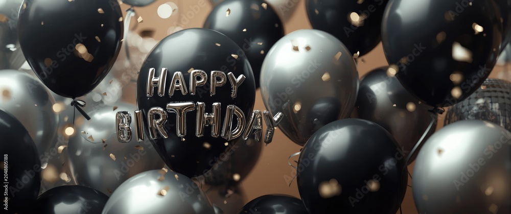 Obraz premium Men's birthday design featuring dark and silver balloons scattered around
