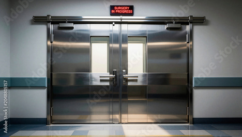 Closed hospital operating room double doors with surgery in progress sign