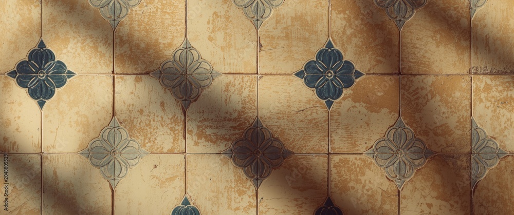 Obraz premium Textured backdrop showcasing retro geometric tiles with blue blossom designs
