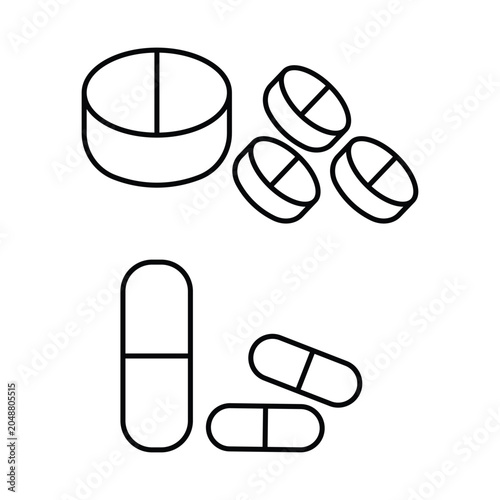 Pills icon Vector Illustration, Pills and Tablets set. Pharmacy pill. , Set of tablet icon in linear style, Pill capsule in line icon, Vitamin sign, capsule icon, Drug sign and medicine sign isolated.