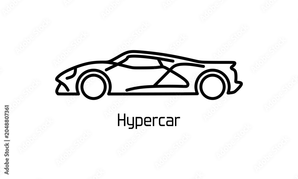 Fototapeta premium Hypercar outline icon displayed as clean vector line art in side view on a light background, representing high performance automotive innovation for transportation, branding, interface, infographic.
