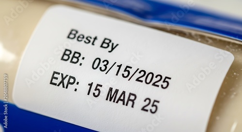 Close-up of a white product label showing best before and expiration date for food safety and quality control