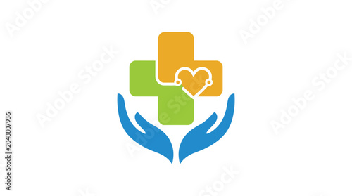Colorful vector illustration of blue hands holding a medical cross with a stylized heart icon