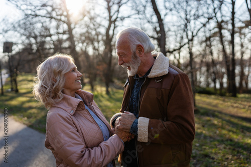 Happy senior couple holding hands and sharing an affectionate moment in a park. Warm lifestyle portrait symbolizing lasting love, emotional connection, trust, and companionship