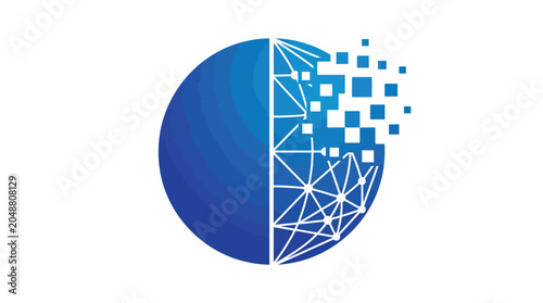 Abstract blue vector illustration of a globe dissolving into digital square pixels and network lines