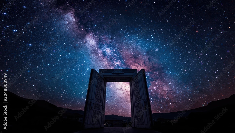 Obraz premium Open entrance revealing a vibrant galaxy against the dark sky