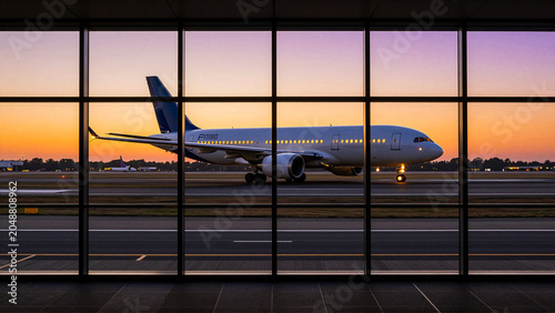 Commercial Airplane on Airport Runway seen through Terminal Glass Window at Sunset