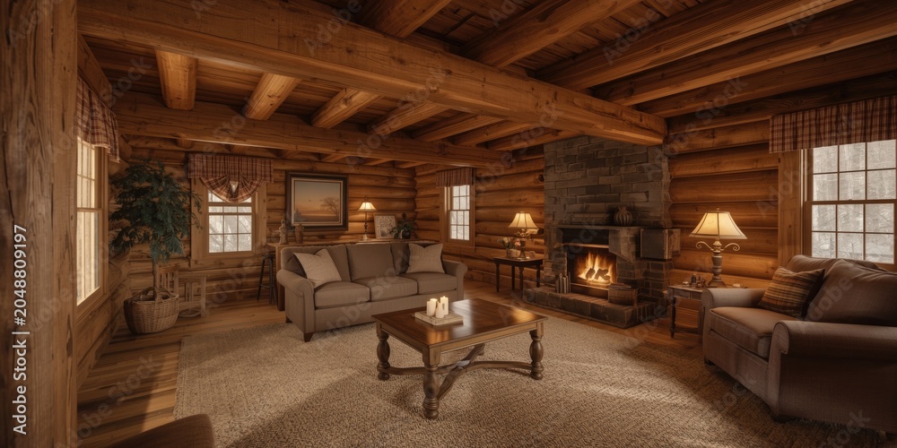 Obraz premium Rustic farmhouse interior showcasing a carpeted log cabin lounge with soft lighting