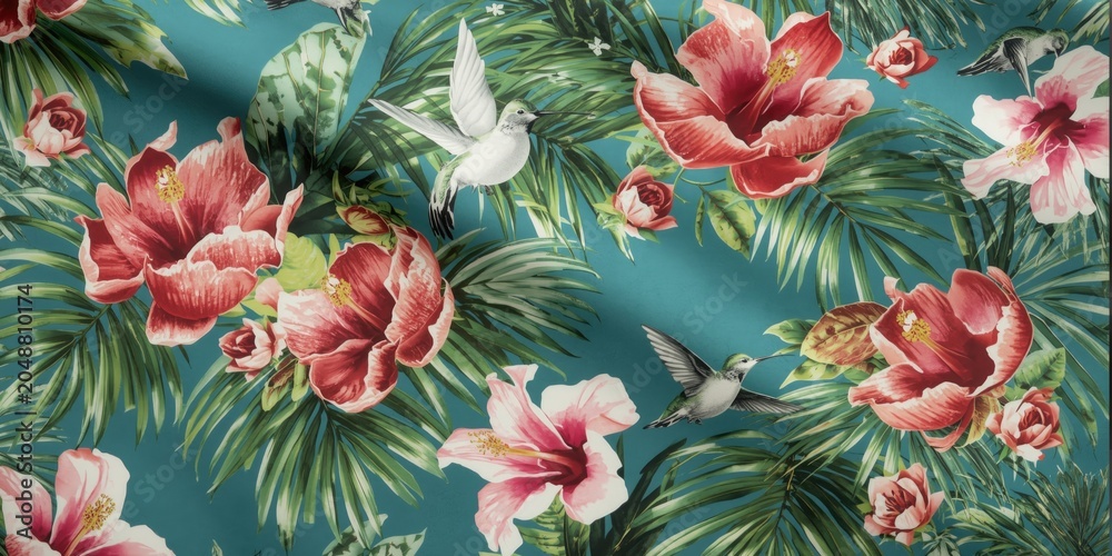 Fototapeta premium Luxury fabric print with vintage style protea and hibiscus flowers surrounded by palm leaves and hummingbirds