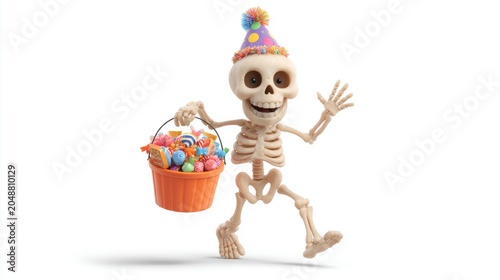 Playful Skeleton Mascot Celebrating Halloween on White Background