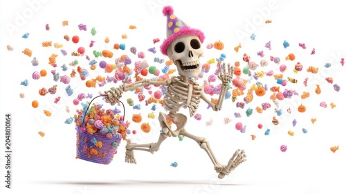 Adorable Dancing Skeleton with Colorful Party Hat and Sweet Treats