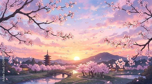 Sakura Sunset Sky Illustration Ai Generated