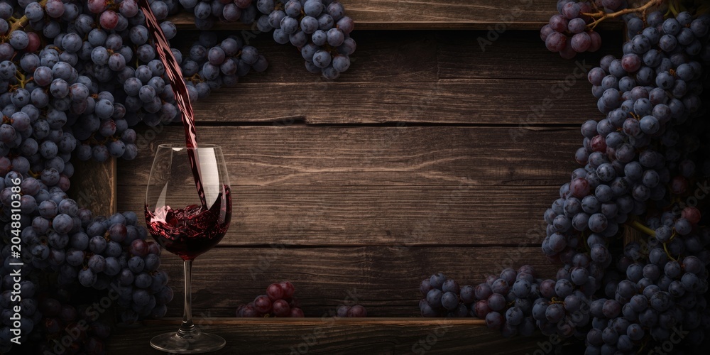 Obraz premium Lush grapes and rustic barrel frame rich red wine pouring elegantly into glass on dark vintage background with copy space