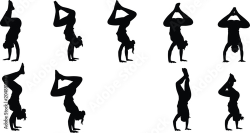 Quadro em tela Silhouettes set of flexible women performing advanced yoga handstands and invers