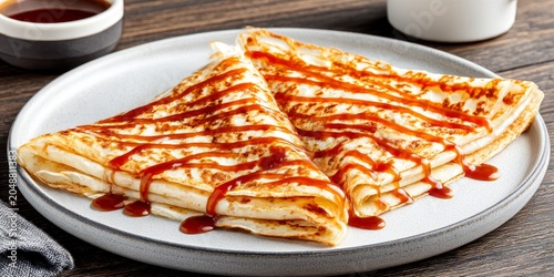 Warm Food Photography of Folded Crepe Drizzled with Rich Caramel Topping