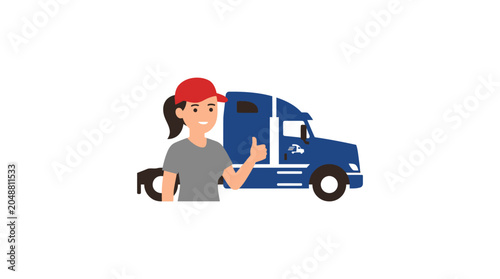Woman truck driver giving thumbs up next to semi-trailer truck, illustration