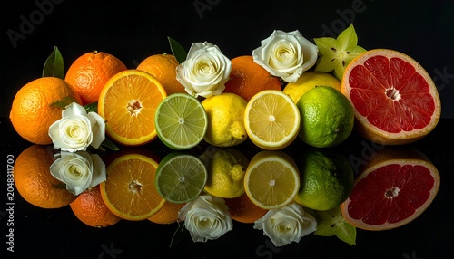 Colorful citrus fruit, white roses, and starfruit on a reflective black surface