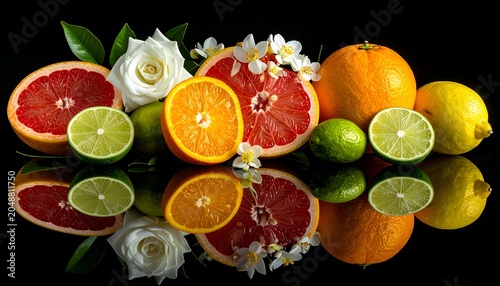 Colorful citrus fruit arrangement with white flowers, reflected on a glossy surface