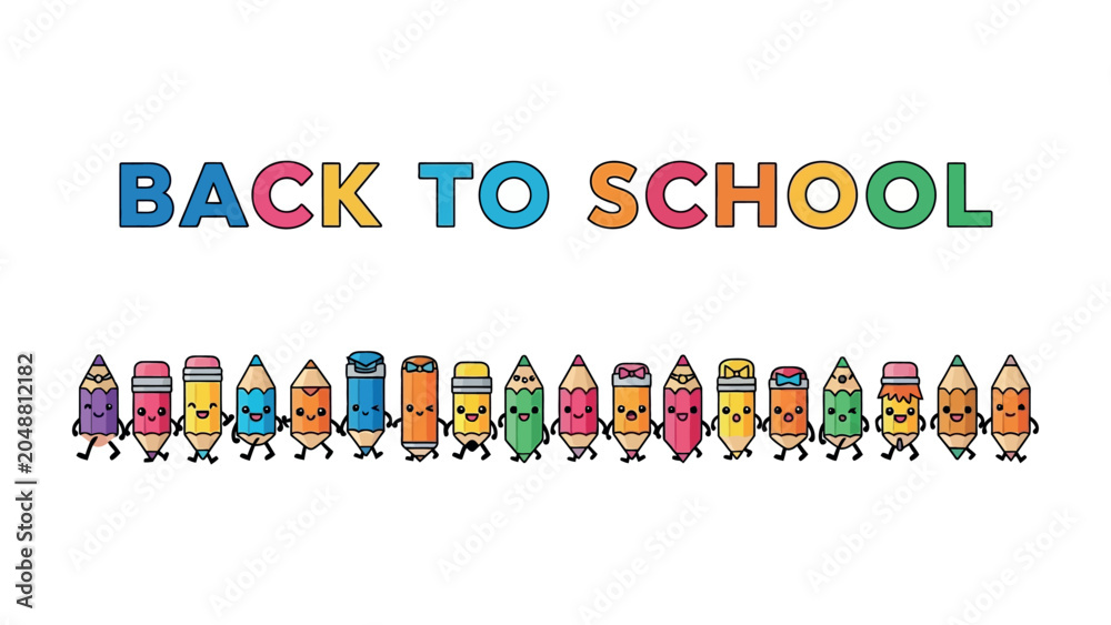 Fototapeta premium Back To School Supplies: A cheerful row of cartoon stationery characters, including pencils and erasers, cheerfully greets students as they return to school for a new academic year.