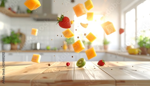 Dynamic shot of levitating fruits, seeds, and spices over a wooden kitchen counter