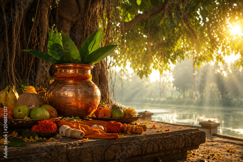 Traditional hindu kalash pot decorated with mango leaves and coconut placed among fresh fruits by the river side for performing the sacred vat purnima puja