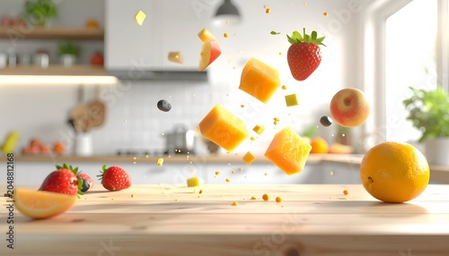 Kitchen scene with levitating fruit pieces and whole fruits on a wooden countertop