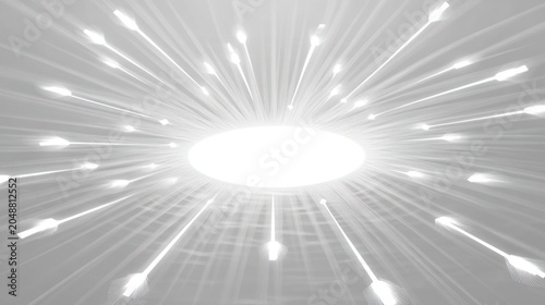 Abstract radial burst of bright white light rays emanate from a central source