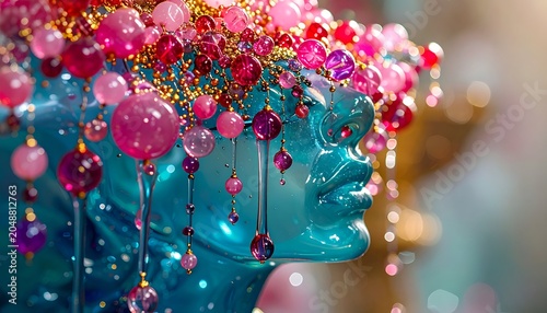 Glossy blue bust profile adorned with cascading pink and purple beads, bokeh background