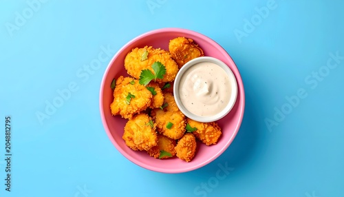 Overhead shot of fried, golden bites with dipping sauce in a pink bowl on blue