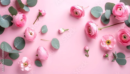 Pink ranunculus and eucalyptus leaves arranged on a soft pink background