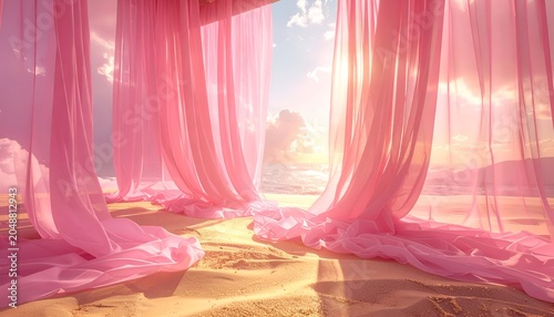 Pink fabric draped elegantly over a sandy beach, framing an ocean vista