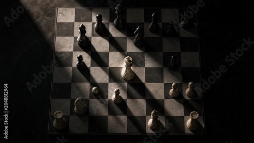 A chessboard in mid-game with a highlighted king piece, top-down view with dramatic shadows.
