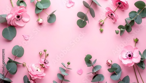 Pink anemones and eucalyptus scattered over a pastel pink background, floral arrangement