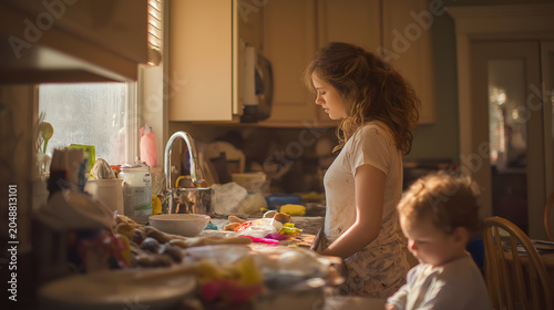 young mother chaotic morning messy kitchen