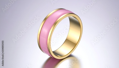 A detailed image of a gold ring with a pink enamel band. The ring reflects light