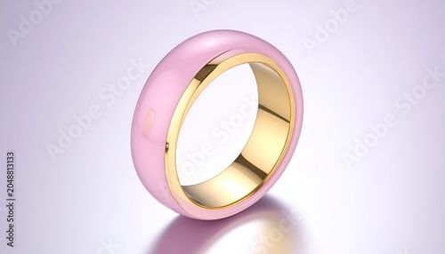 A close-up of a pink and gold ring, with a smooth glossy finish, on a gradient background